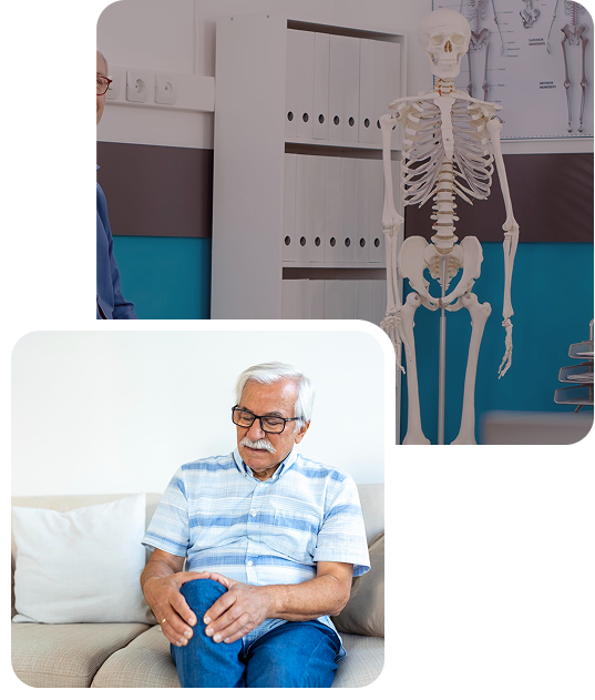 Senior man sitting on a sofa, holding his painful and inflamed knee