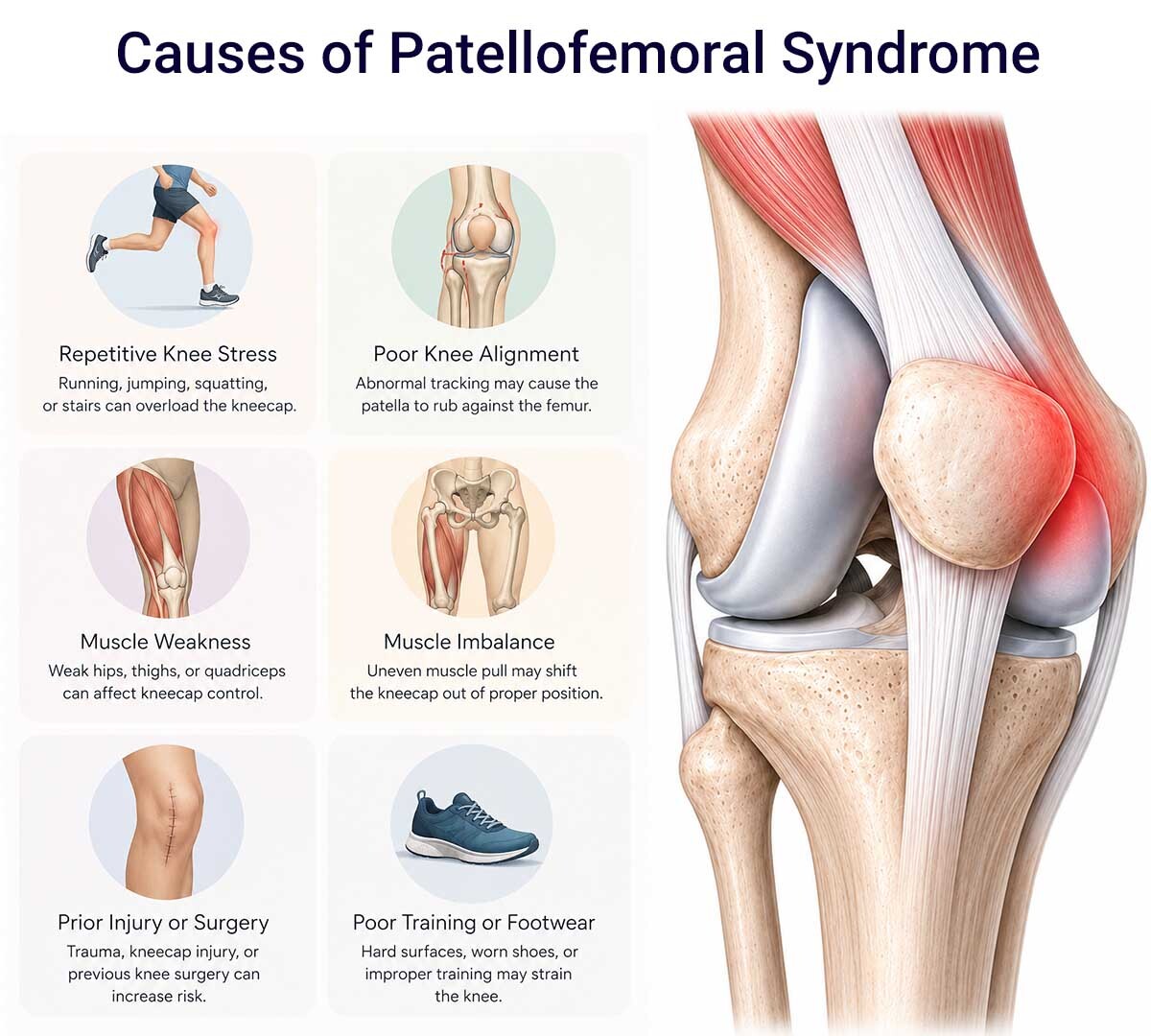 Infographic showing causes of patellofemoral syndrome, including repetitive knee stress, poor knee alignment, muscle weakness, muscle imbalance, prior injury, and improper training or footwear.