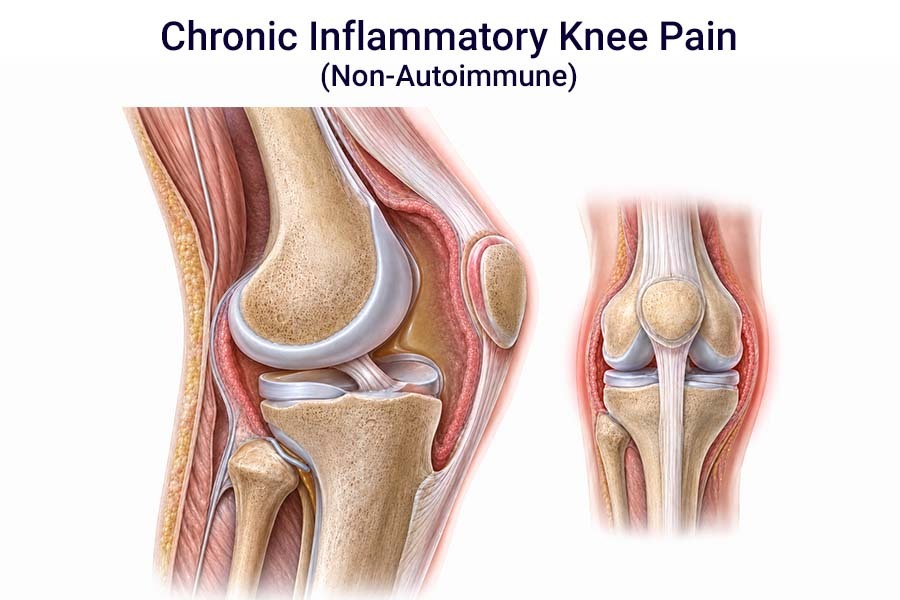 Medical illustration of chronic inflammatory knee pain showing inflamed knee joint tissue, swelling, and non-autoimmune knee inflammation.