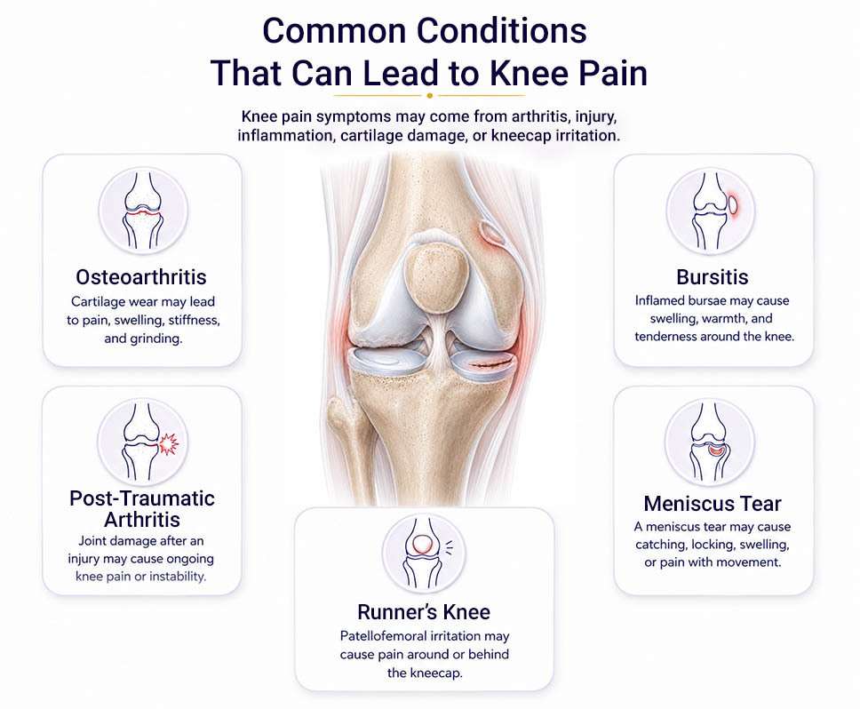 Common conditions that lead to knee pain symptoms, including osteoarthritis, bursitis, meniscus tear, runner’s knee, and post-traumatic arthritis.