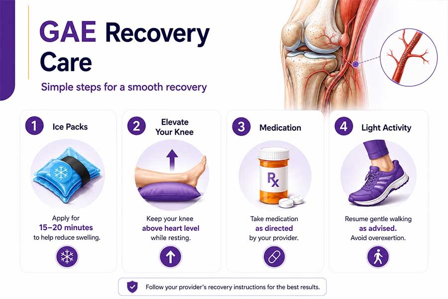 Genicular artery embolization (GAE) recovery care infographic showing ice packs, knee elevation, medication, and light activity to support a safe return to daily routine after treatment.