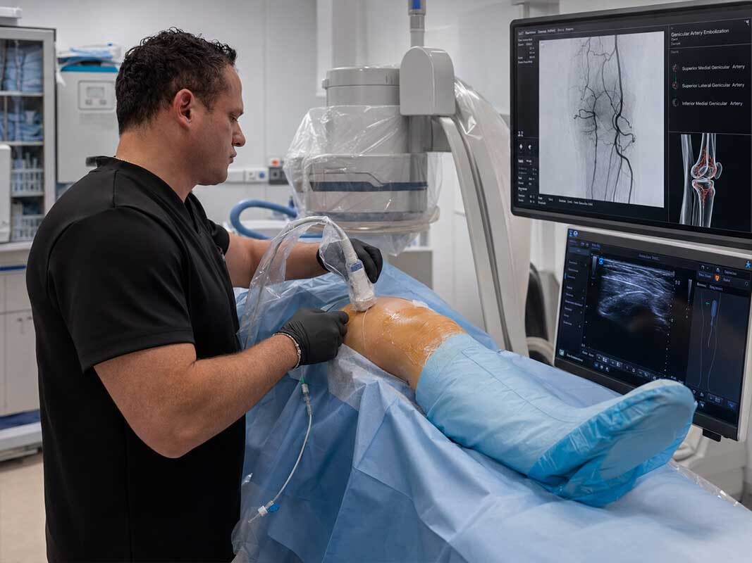 Dr. George Bolotin performing genicular artery embolization for knee bursitis pain in Brooklyn, NY.