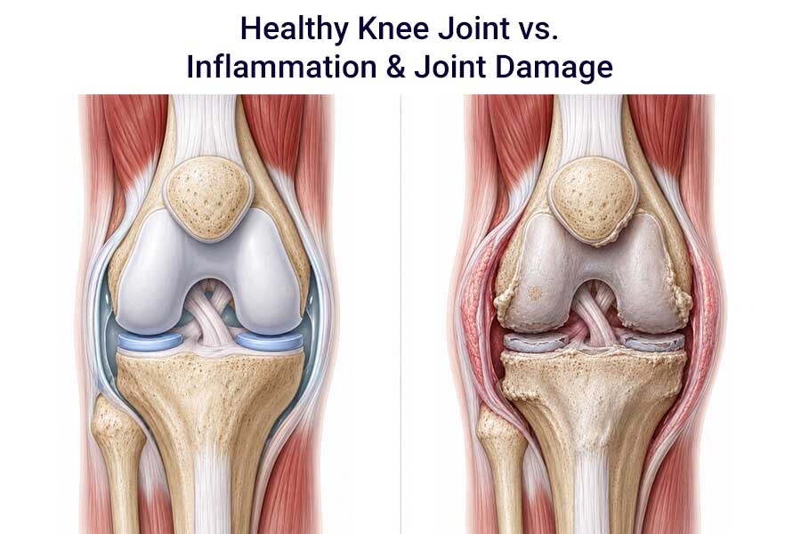 Medical illustration comparing a healthy knee joint with inflammation and joint damage from osteoarthritis