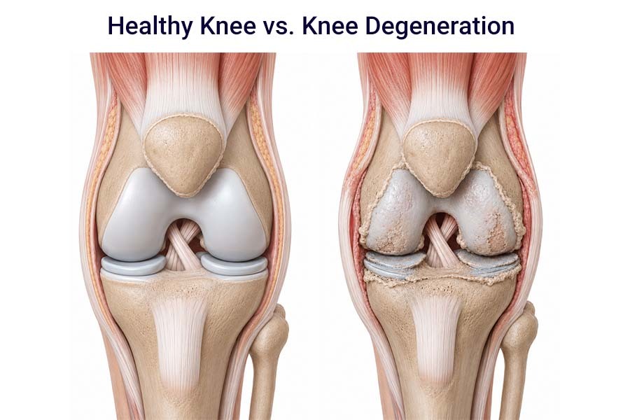 Medical illustration comparing a healthy knee joint with knee degeneration showing cartilage wear, joint space narrowing, and osteoarthritis changes