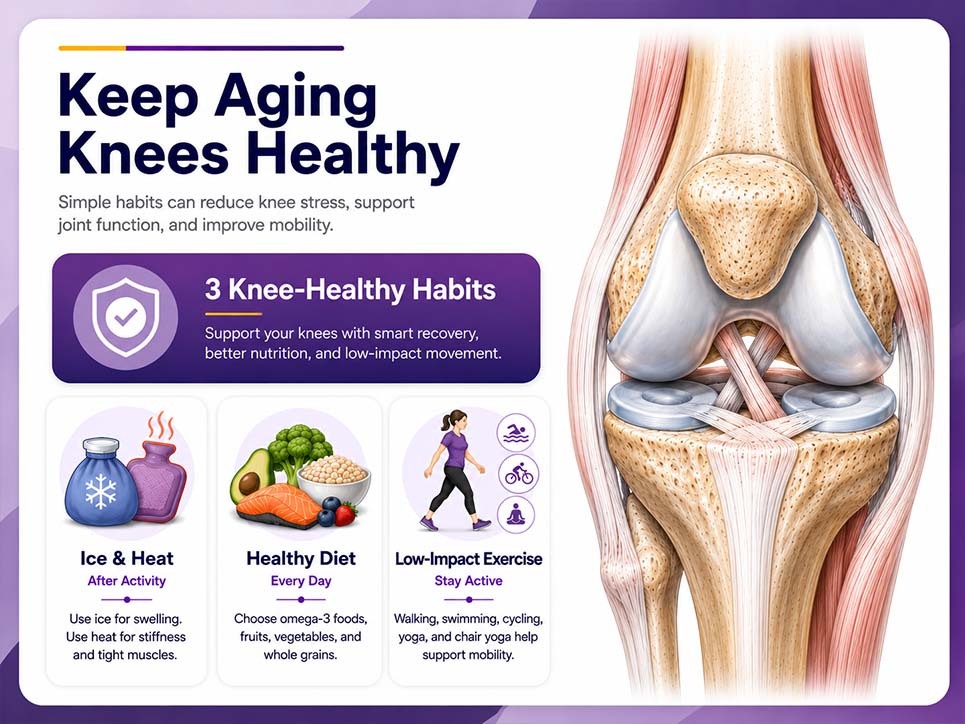 Infographic showing daily habits to keep aging knees healthy, including ice and heat, a healthy diet, low-impact exercise, and knee anatomy.