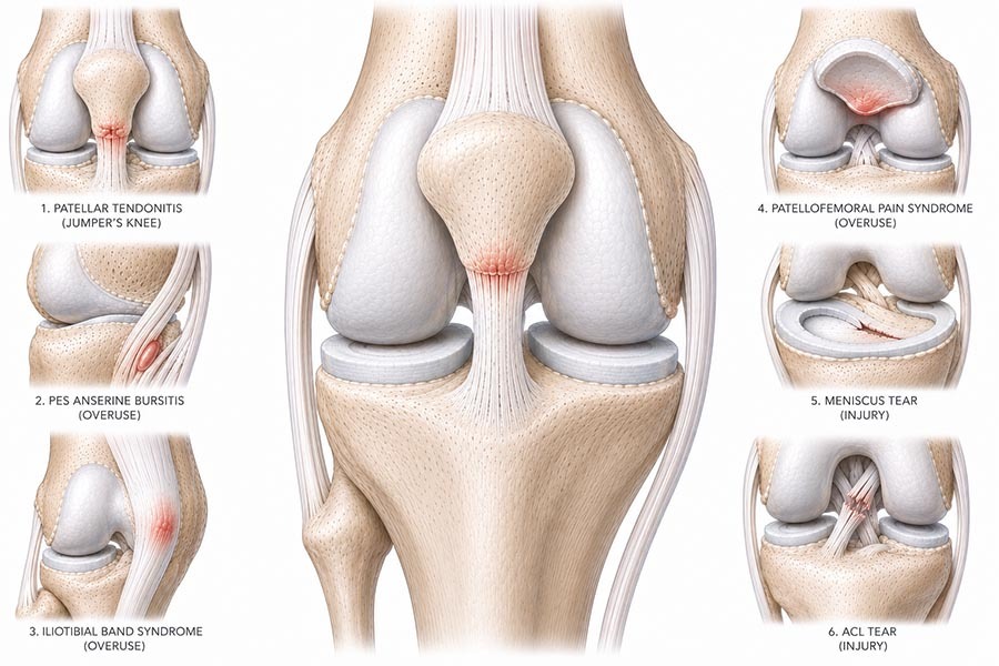 Knee injury and overuse causes anatomy illustration showing patellar tendonitis, bursitis, iliotibial band syndrome, patellofemoral pain, meniscus tear, and ACL tear.