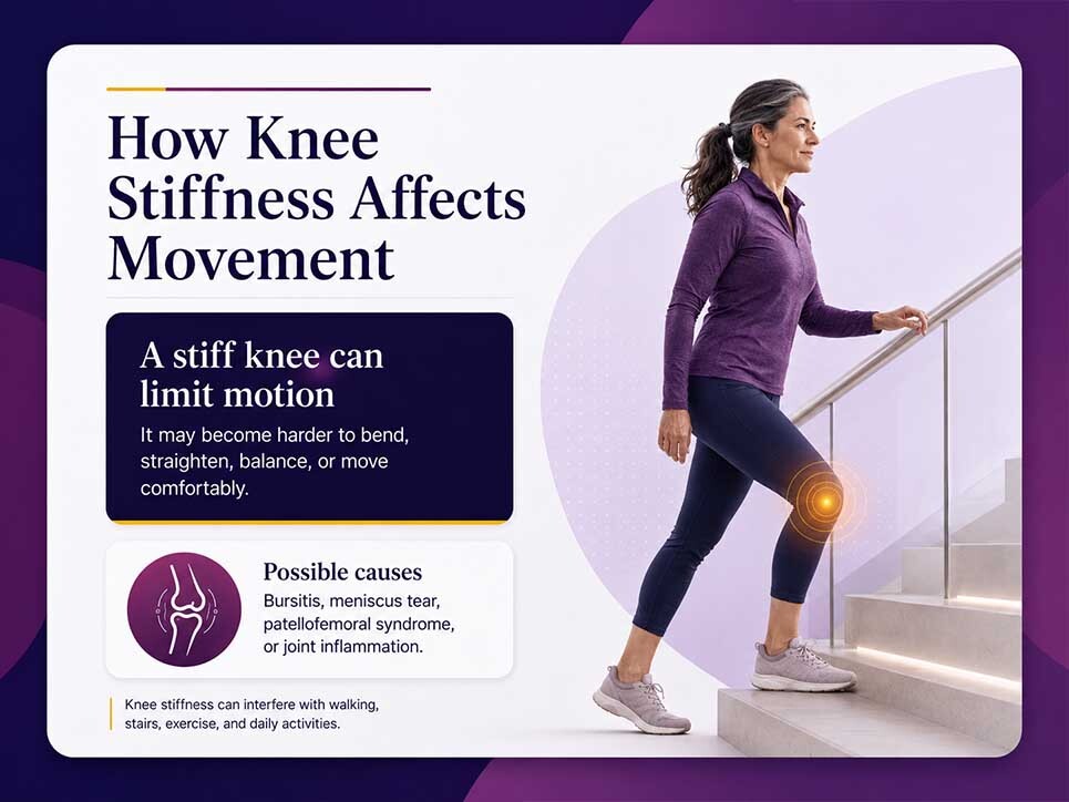 Medical infographic showing how knee stiffness can limit movement, balance, stair climbing, and daily activities