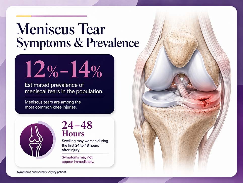Meniscus tear knee pain symptoms infographic showing torn meniscus anatomy, swelling after injury, and common signs of meniscal tears.