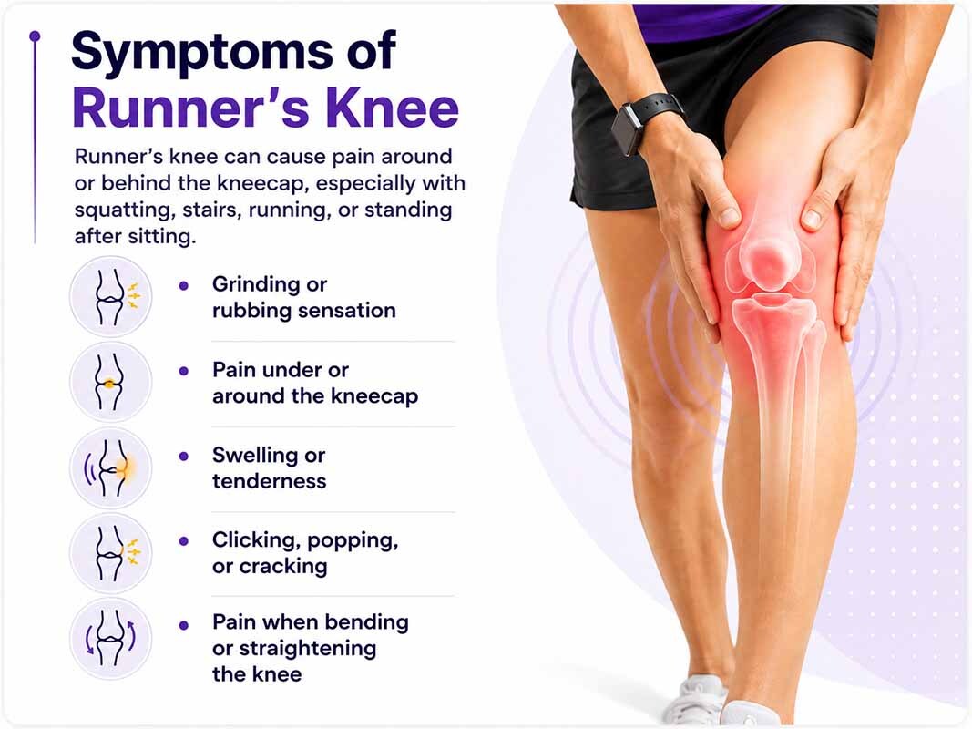 Symptoms of runner’s knee infographic showing kneecap pain, swelling, grinding, clicking, and bending pain related to chondromalacia patella.