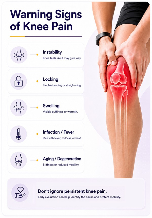 Infographic showing warning signs of knee pain, including instability, locking, swelling, fever, stiffness, and reduced mobility