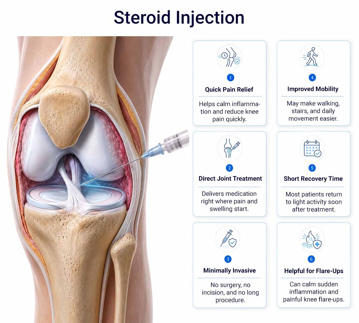 Infographic showing the benefits of steroid injections for knee pain relief, including quick pain relief, direct joint treatment, improved mobility, and short recovery time.