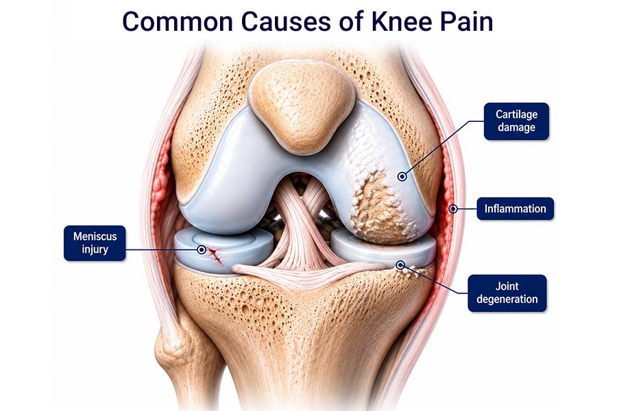 Medical illustration showing common causes of knee pain, including cartilage damage, meniscus injury, inflammation, and joint degeneration.
