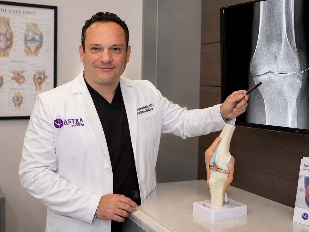Dr. George Bolotin, knee pain specialist at Astra Knee Pain Center, reviewing a knee osteoarthritis x-ray during a GAE candidate evaluation