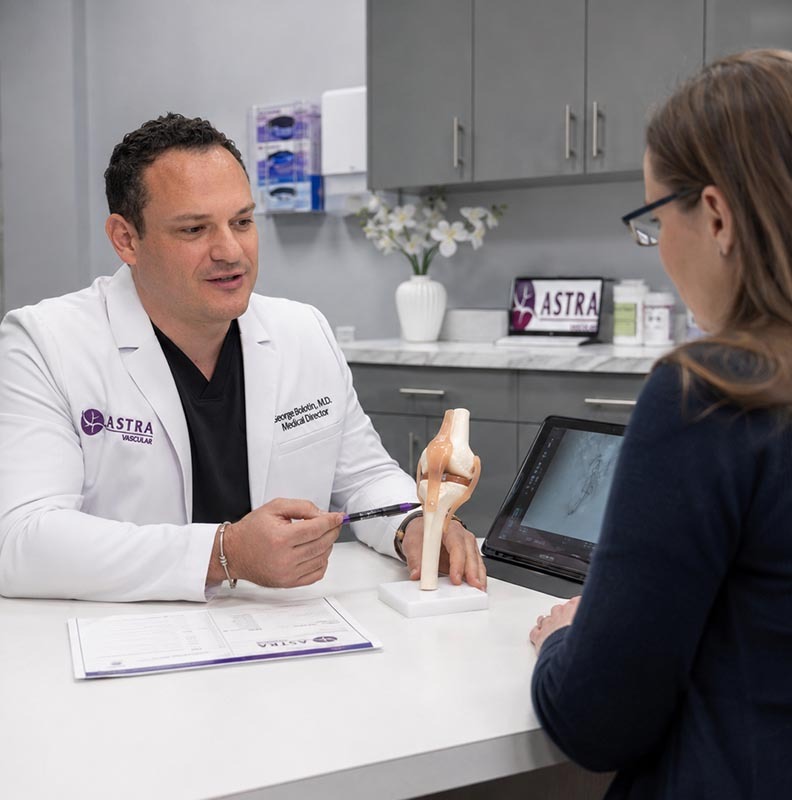 Knee pain specialist explaining GAE treatment options during a consultation