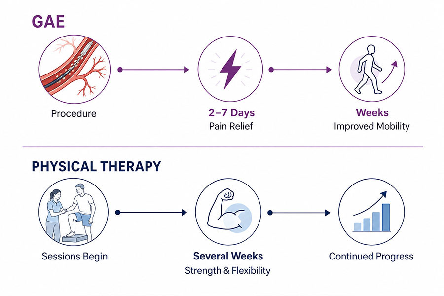 Infographic comparing GAE and physical therapy timelines for knee pain relief and improved mobility