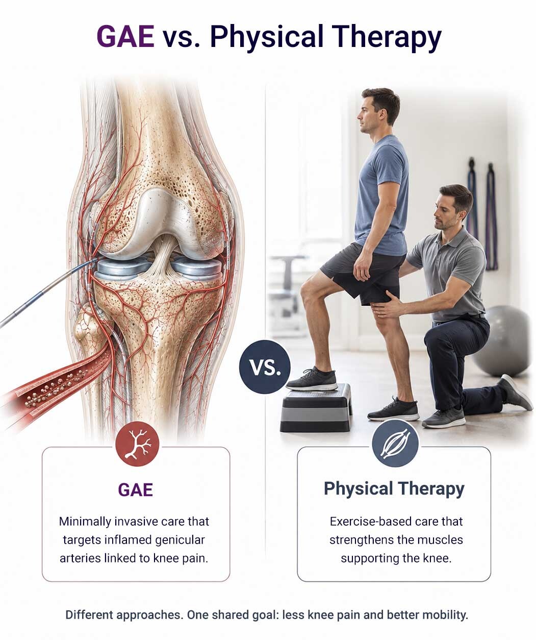 Illustration comparing GAE and physical therapy as different knee pain treatment approaches