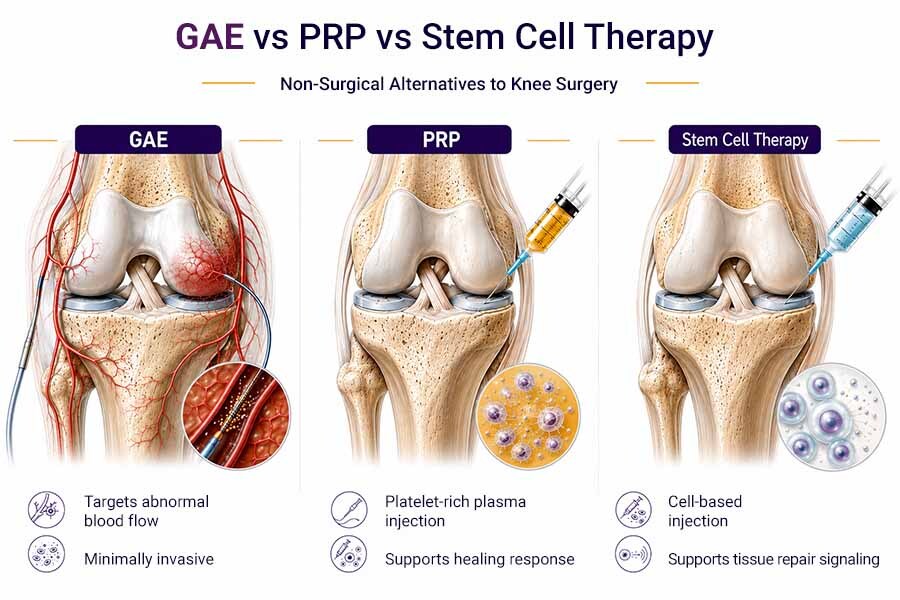 Medical illustration comparing genicular artery embolization, PRP injections, and stem cell therapy as non-surgical treatment options for knee pain.