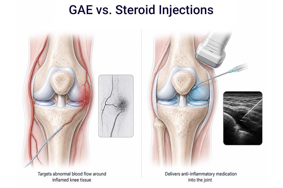 Medical illustration comparing genicular artery embolization and steroid injections for knee pain treatment.