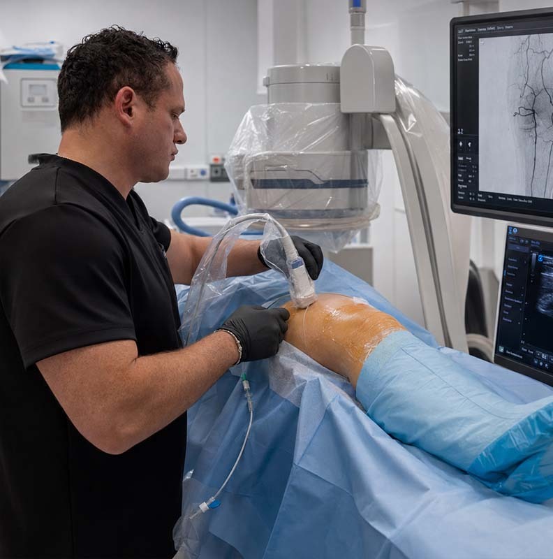 Dr. George Bolotin performing image-guided genicular artery embolization for knee pain at Astra Knee Pain Center in Brooklyn, NY.