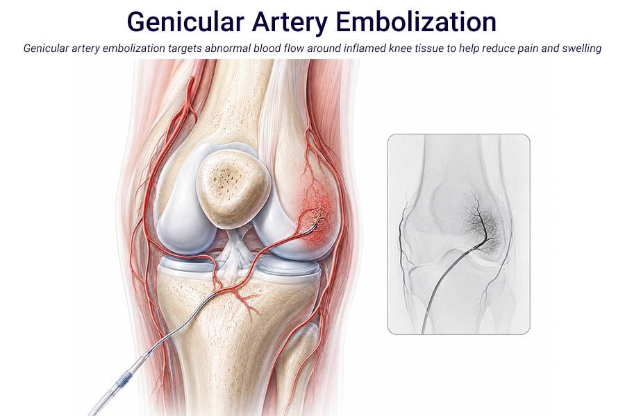 Medical illustration of genicular artery embolization showing a microcatheter targeting abnormal blood vessels around inflamed knee tissue.