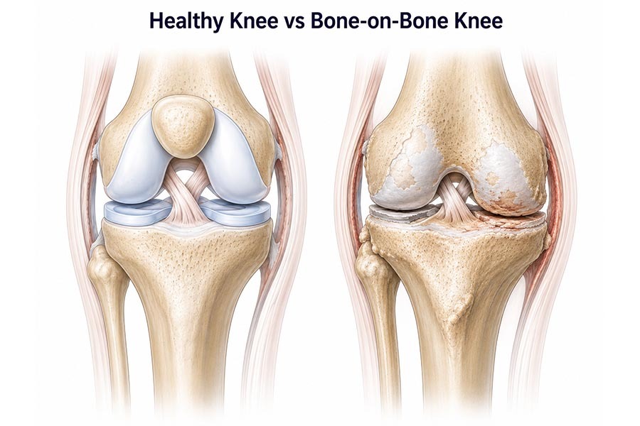 Healthy knee vs bone-on-bone knee medical illustration showing normal cartilage, advanced cartilage loss, narrowed joint space, bone-on-bone contact, exposed subchondral bone, and mild knee inflammation caused by osteoarthritis.