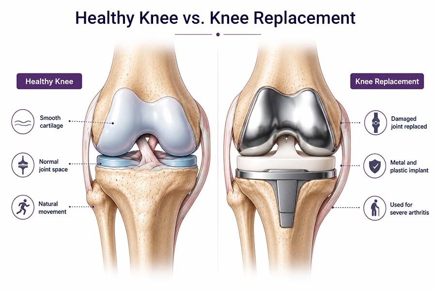 Illustration comparing a healthy knee joint and a total knee replacement implant