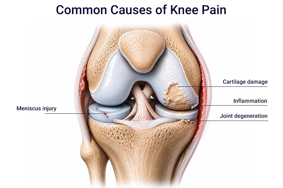 Medical illustration of a knee joint showing cartilage erosion, exposed subchondral bone, meniscal tear, joint inflammation, and degenerative changes that may cause knee pain.