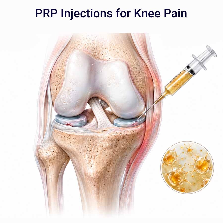 Medical illustration of a PRP injection for knee pain, early osteoarthritis, and meniscus injury treatment.