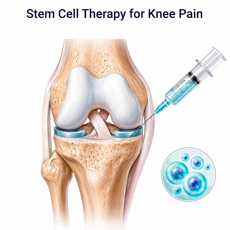 Medical illustration of stem cell therapy injection for knee cartilage damage and meniscus injury.