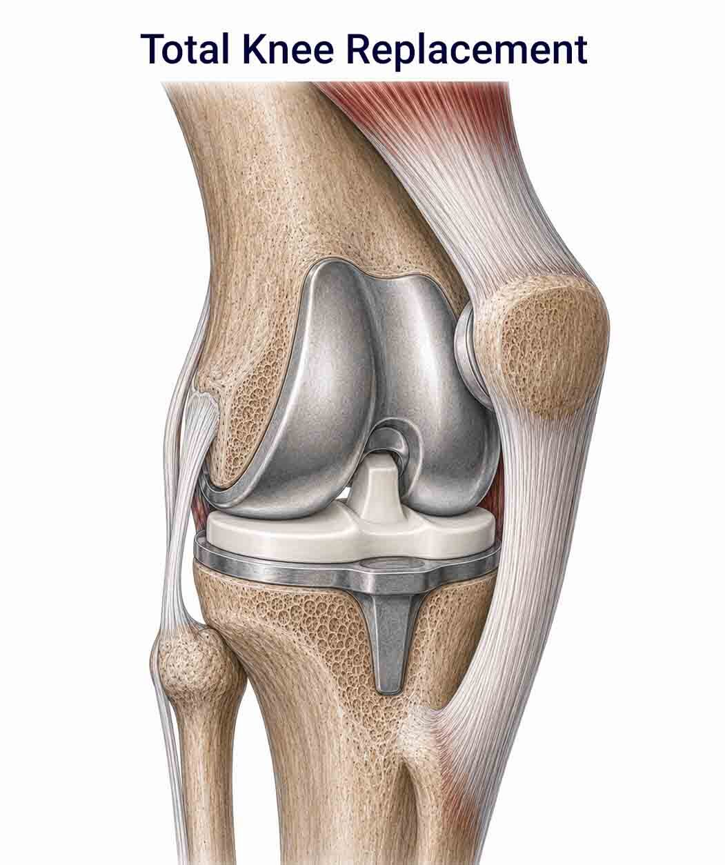 Medical illustration of a total knee replacement implant showing metal and plastic components in the knee joint